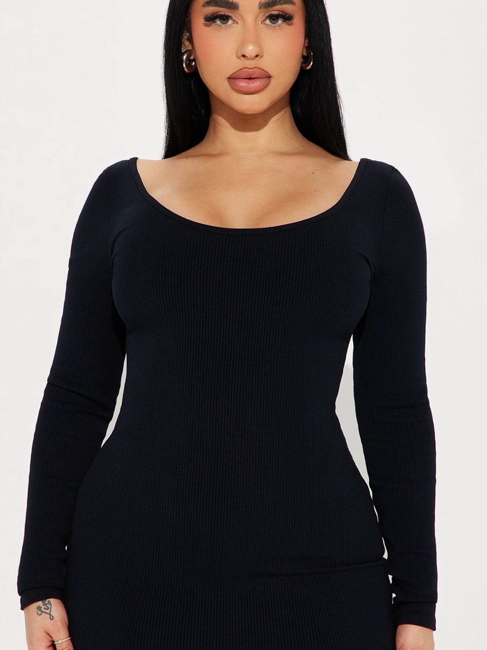 Fashion Nova Black Ribbed Long Sleeve Scoop Neck Dress